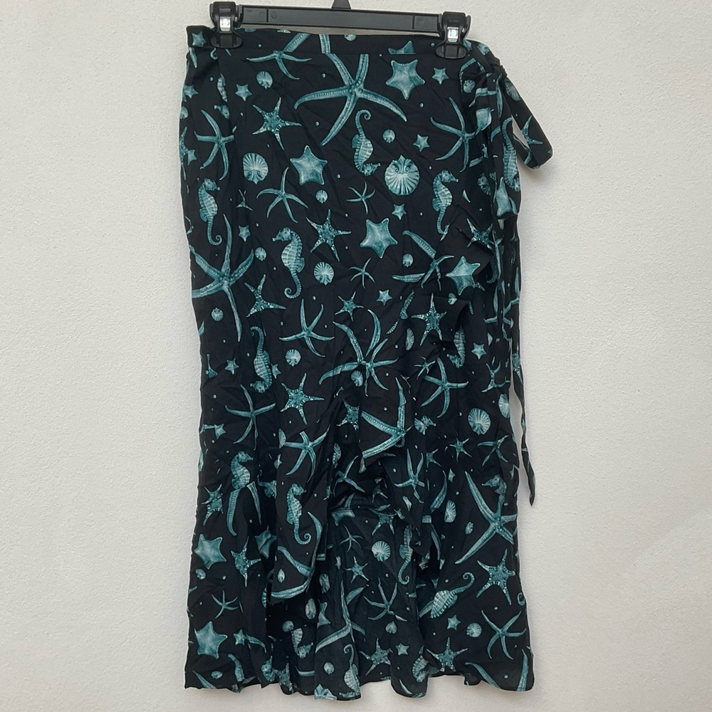 NWT Aguabendita Teal, Black Starfish Seahorse Wrap Midi Skirt Size XXL